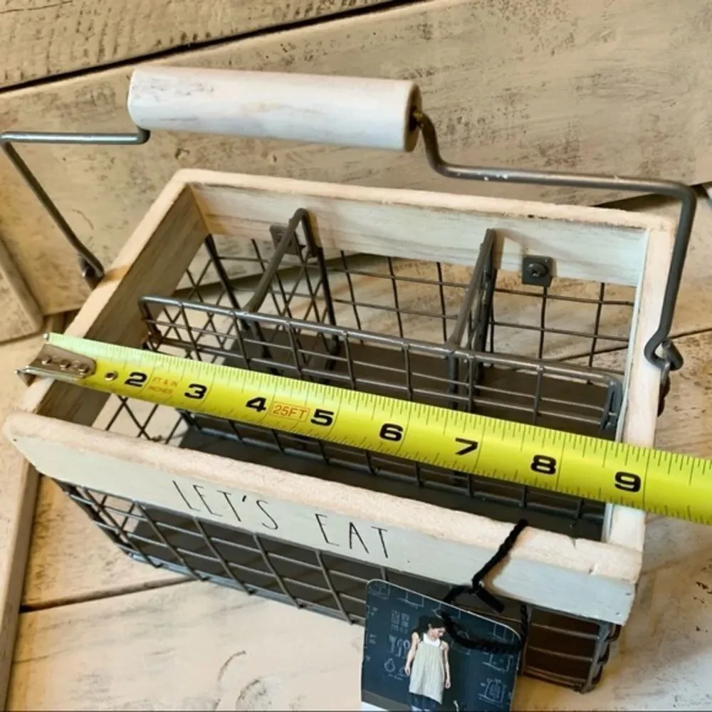 NWT Rae Dunn Let’s eat Caddy Utensils Organizer wire Wood Handle Big Lettering